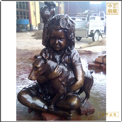 小女孩抱小狗铜雕塑