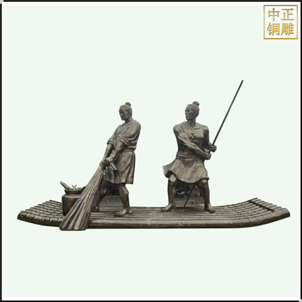 仿铜渔民划竹筏人物雕塑